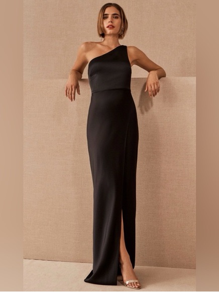 Bhldn Black One-Shoulder Evening Gown With Side Slit